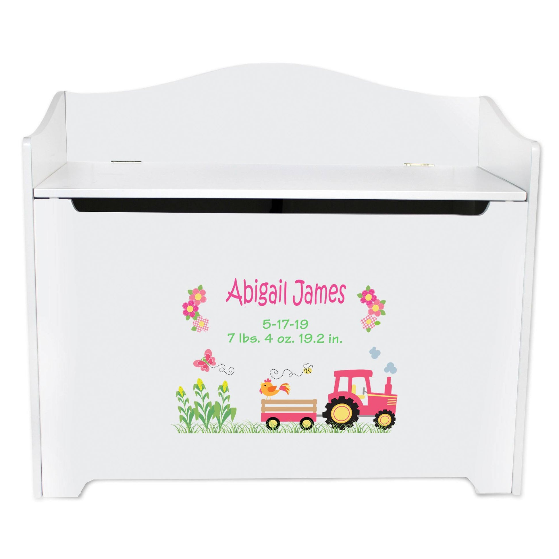 White Toy Box Bench - Pink Tractor - MyBambino.com