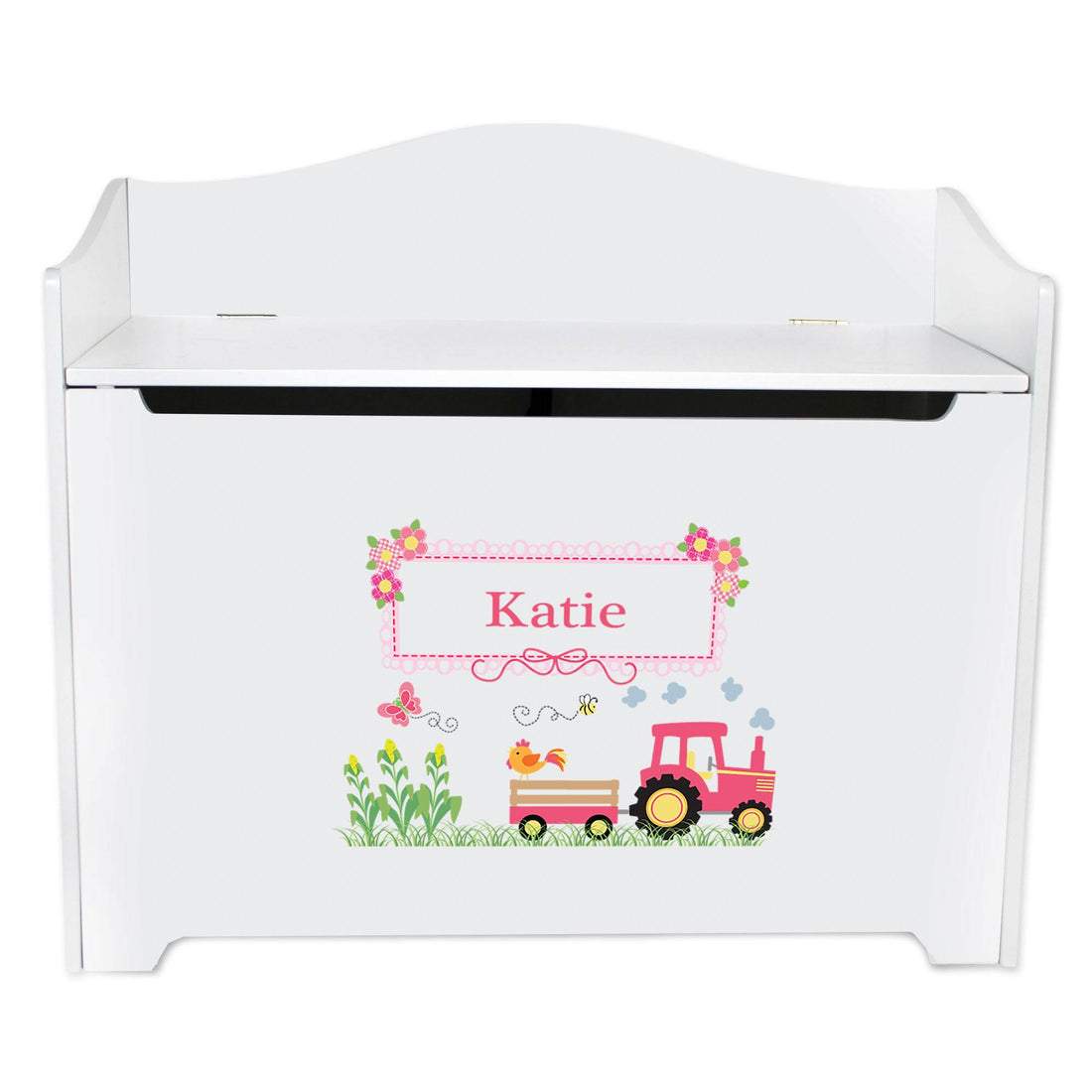 White Toy Box Bench - Pink Tractor - MyBambino.com