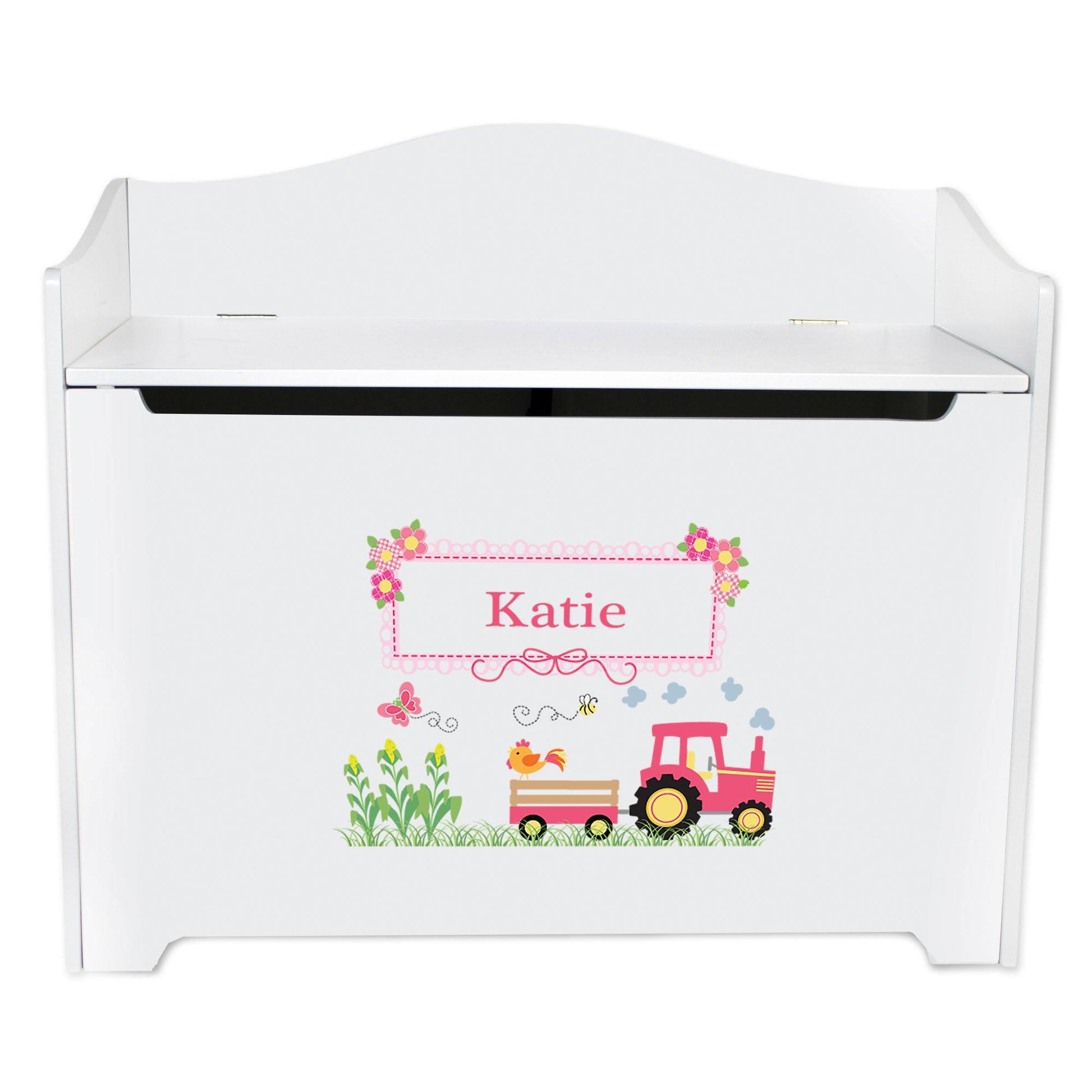 White Toy Box Bench - Pink Tractor - MyBambino.com