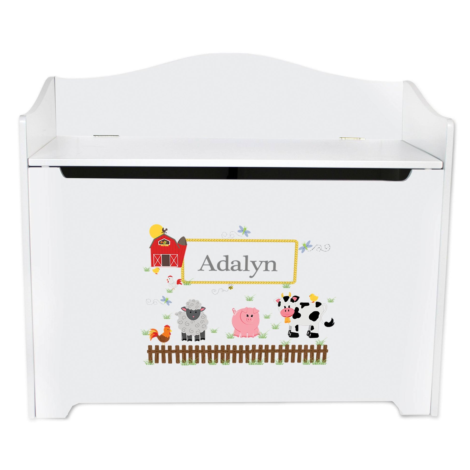 White Wooden Toy Box Bench with Barnyard Friends design