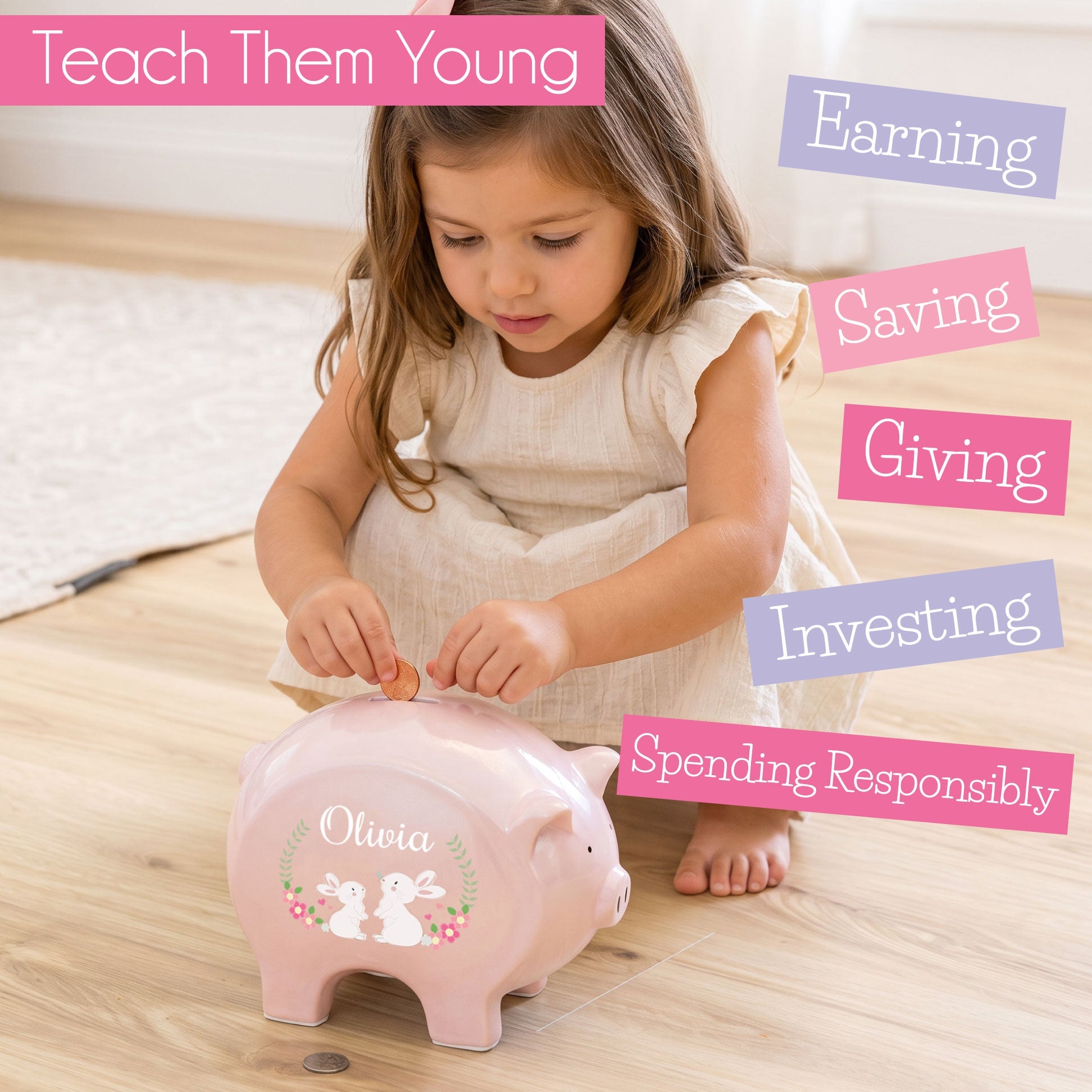 Personalized Pink Piggy Bank - Aqua Pink Butterflies - MyBambino.com