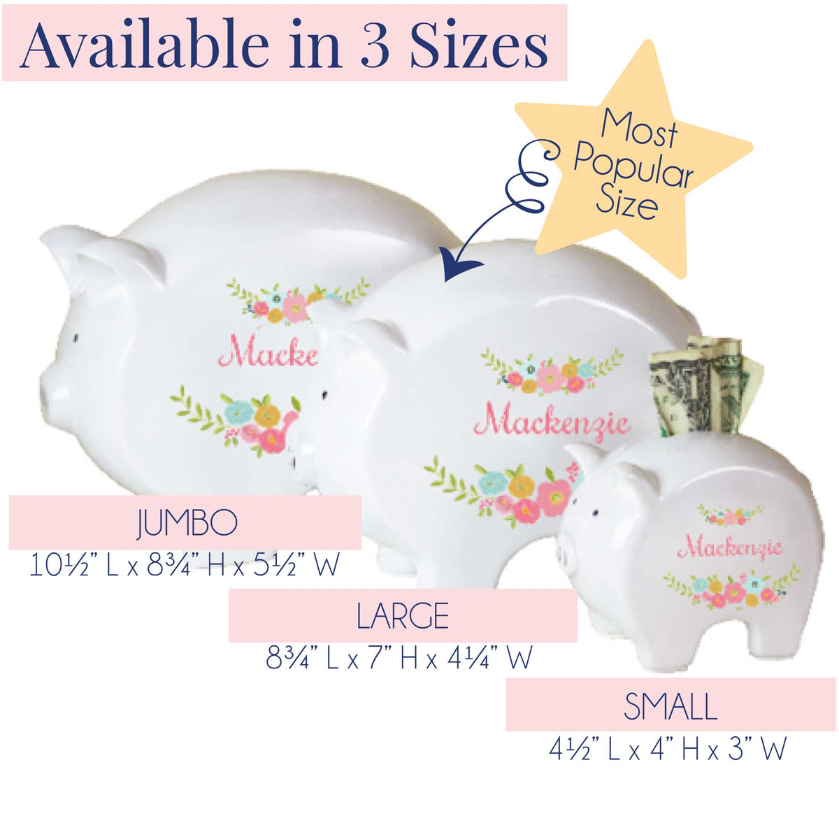 Personalized White Piggy Bank - Spring Floral with Cross - MyBambino.com