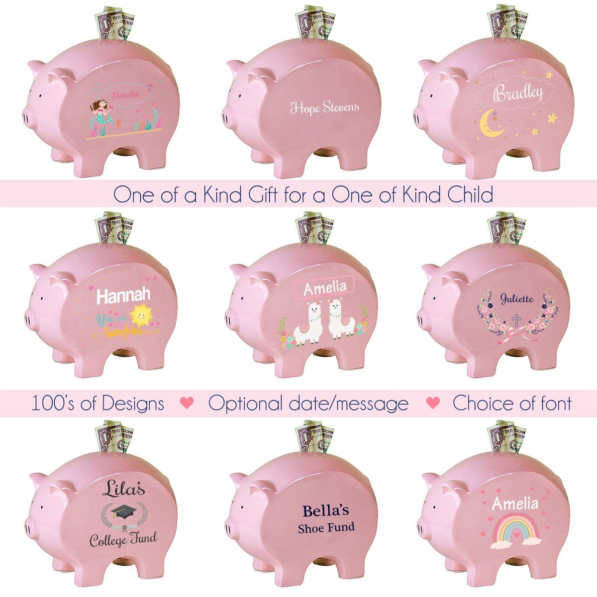 Personalized Pink Piggy Bank - Bright Butterfly Garland - MyBambino.com