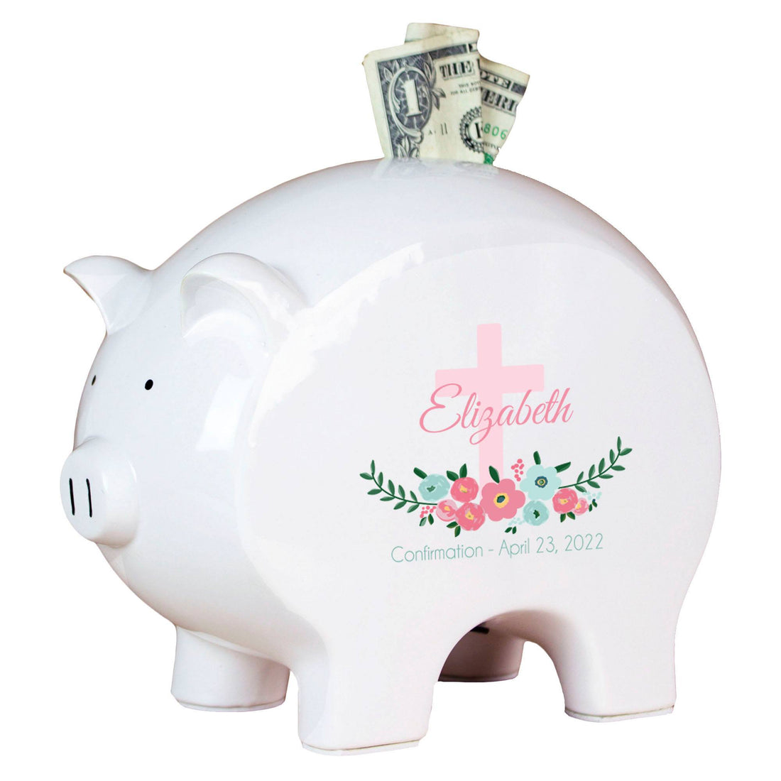 Personalized White Piggy Bank - Spring Floral with Cross - MyBambino.com
