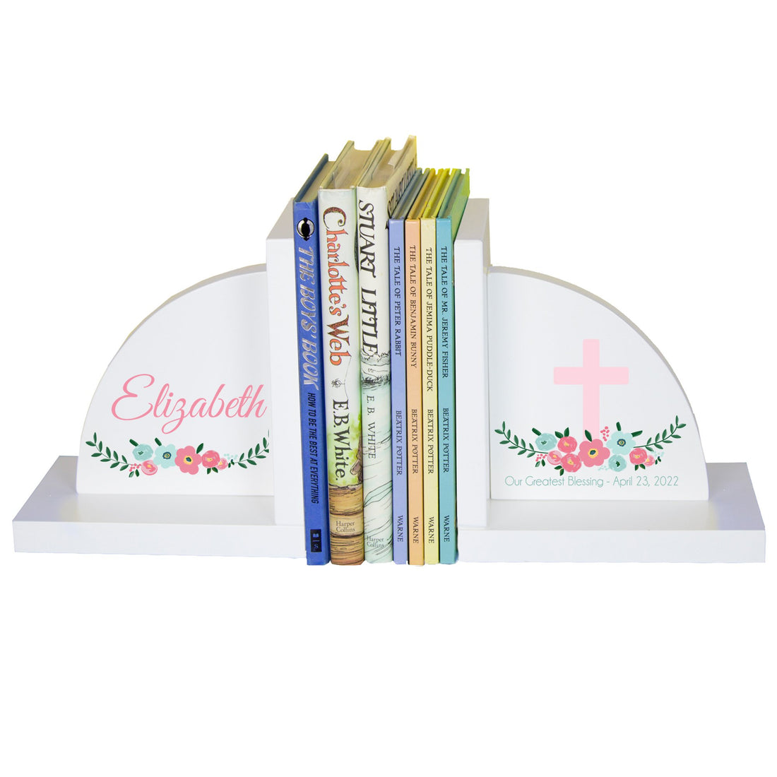 White Bookends - Spring Floral with Cross - MyBambino.com