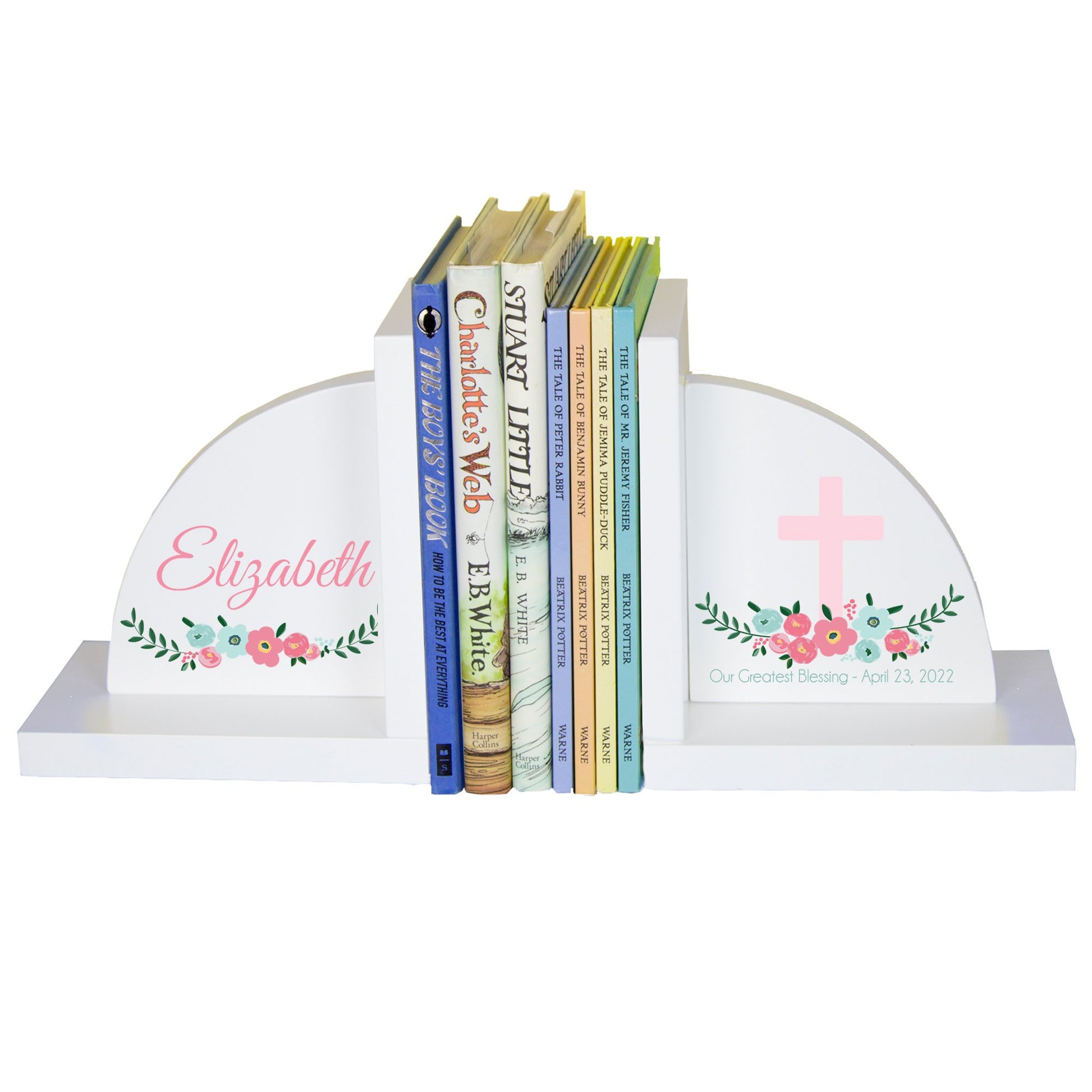 White Bookends - Spring Floral with Cross - MyBambino.com