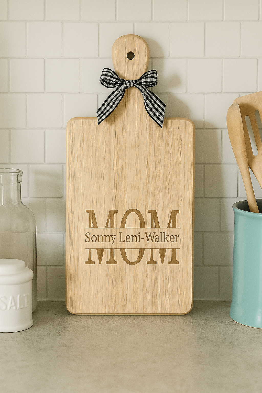 Custom Laser Engraved Wood Cutting Board Handle 8x18 - Split Monogram Design - MyBambino.com