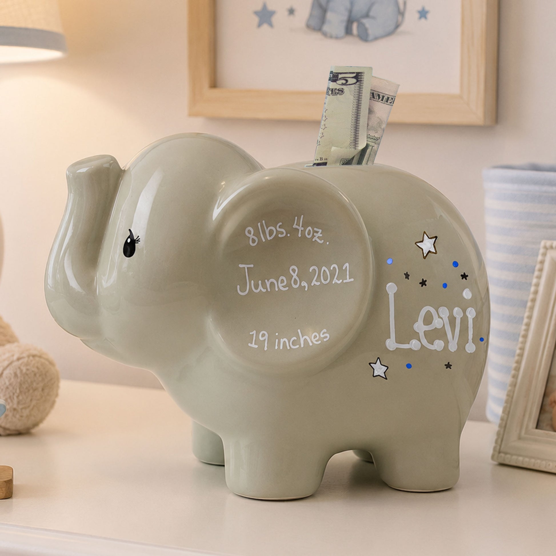 Boy Gray Personalized Elephant Bank - MyBambino.com