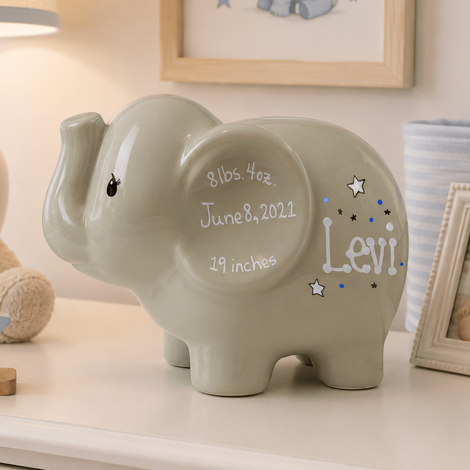 Boy Gray Personalized Elephant Bank - MyBambino.com