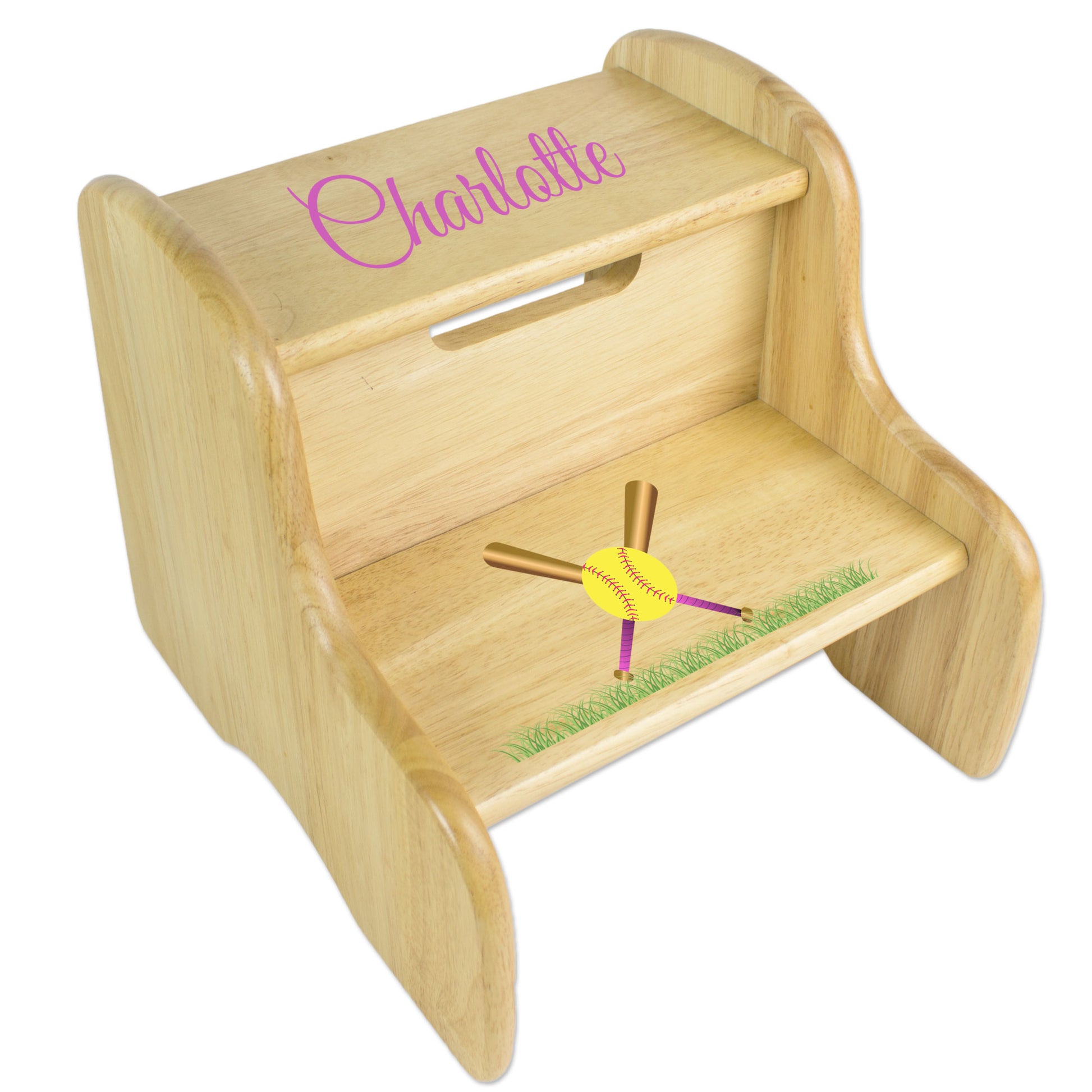 Softball Natural Wood Two Step Stool - MyBambino.com