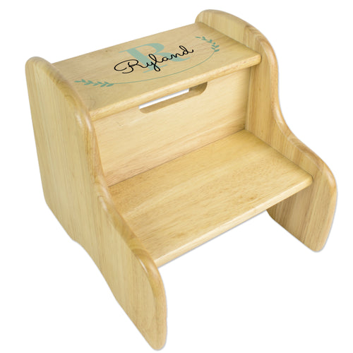 Natural Wood Two Step Stool - Monogram Vine