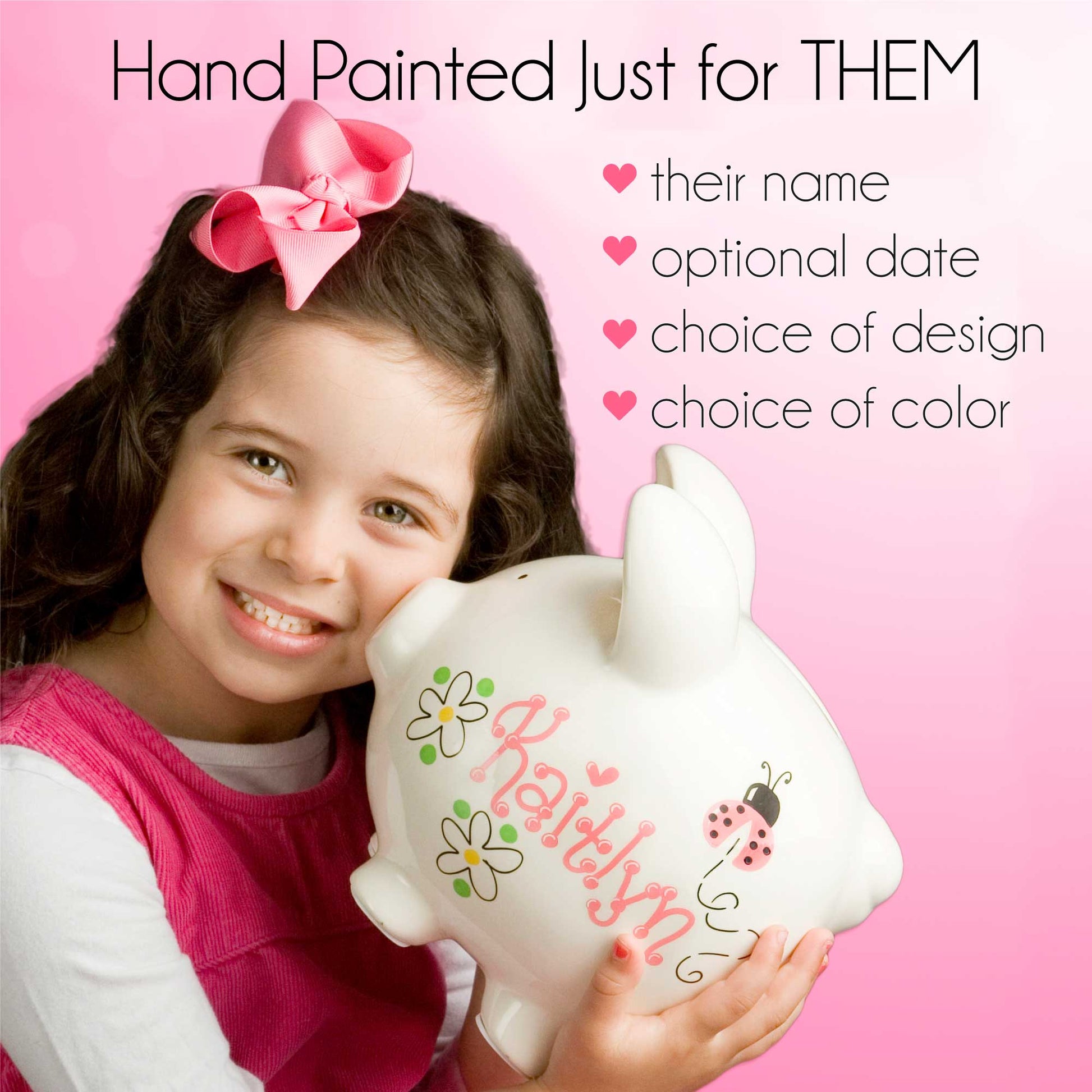 Hand Painted Personalized Classic Pink Navy Rosie Posie Piggy Bank - MyBambino.com