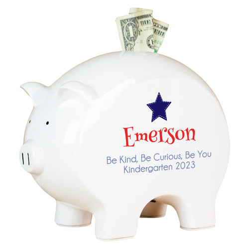 Personalized White Piggy Bank - Blue Star