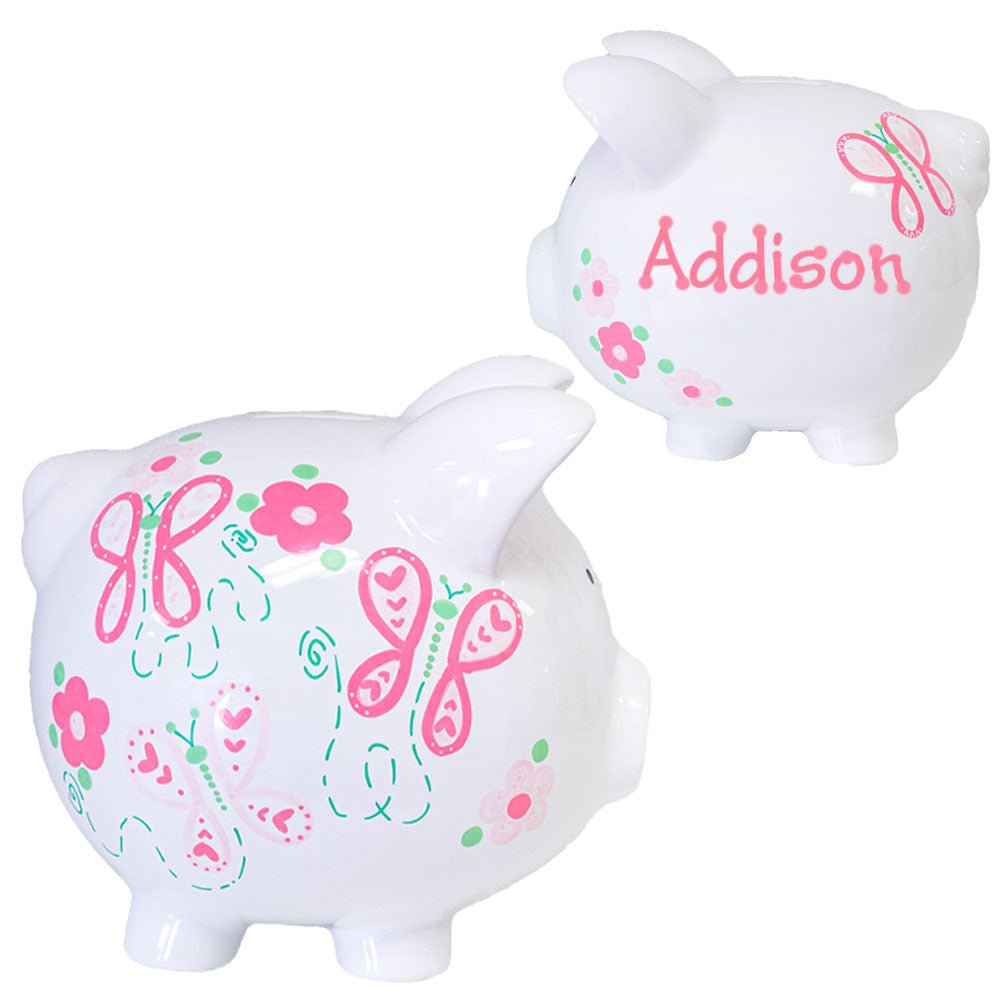 Hand Painted Pink Butterflies Piggy Bank - MyBambino.com