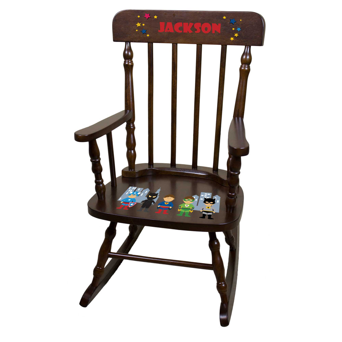 Boy's Superhero Espresso Spindle Rocking Chair - MyBambino.com