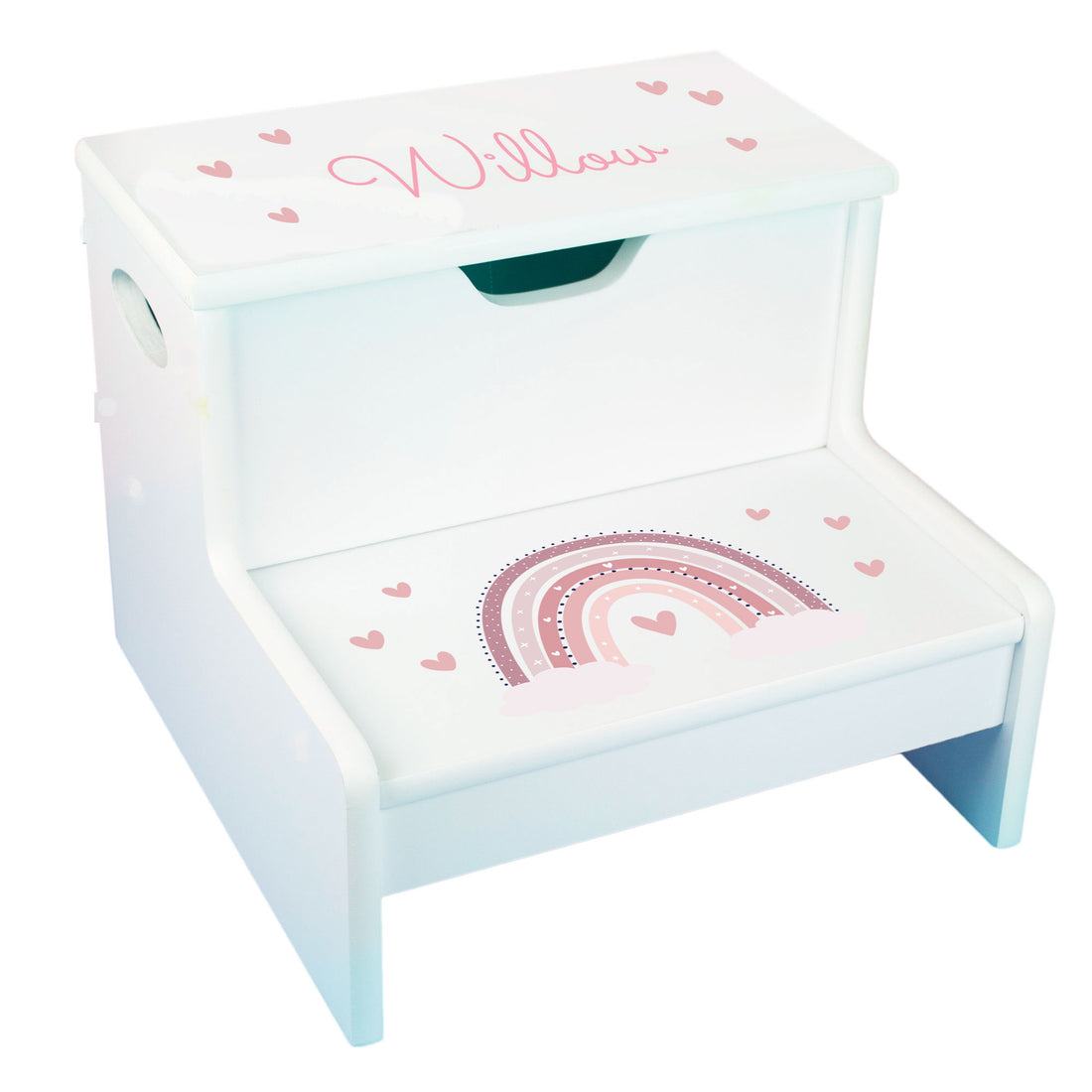Personalized White Storage Step Stool with Mauve Rainbow - MyBambino.com