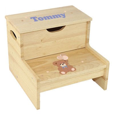 Classic Teddy Bear Natural Wood Storage Step Stool - MyBambino.com