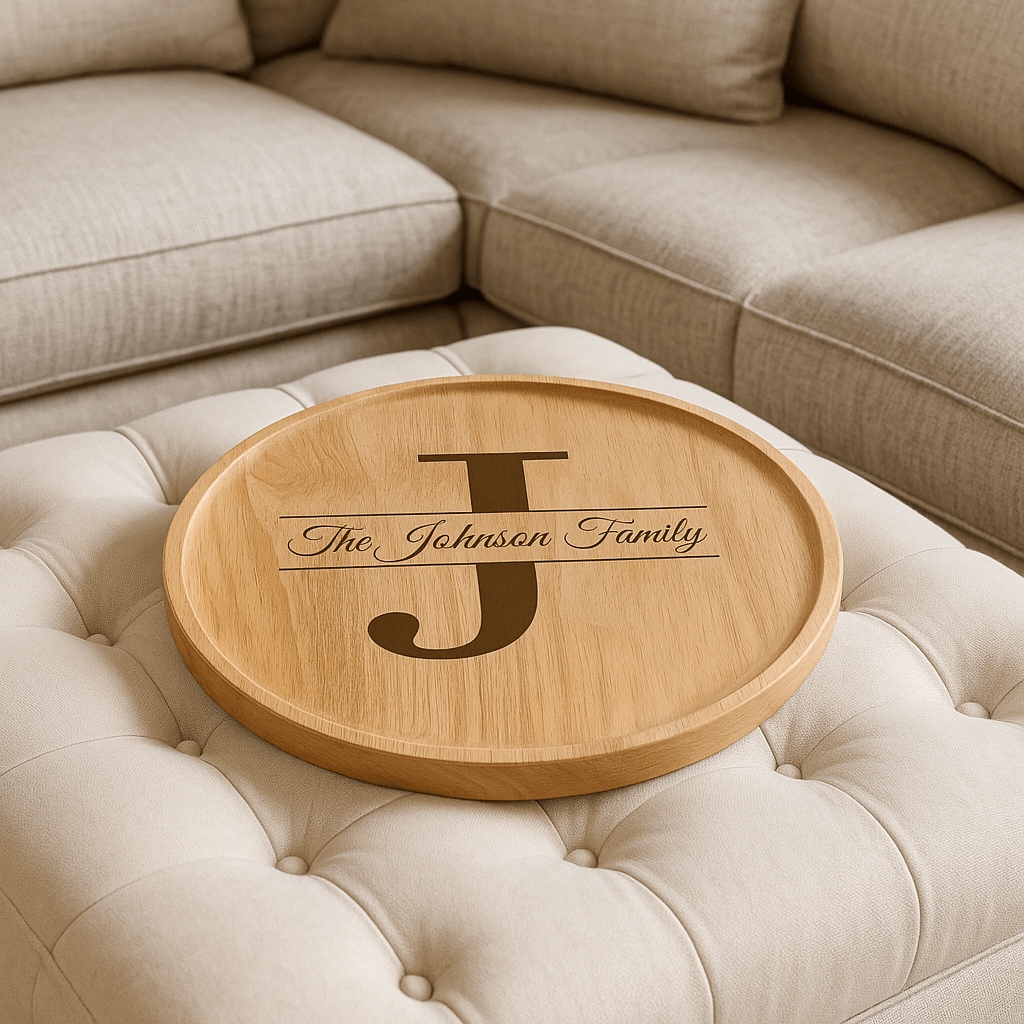 Split Monogram Engraved Round Wood Tray - MyBambino.com