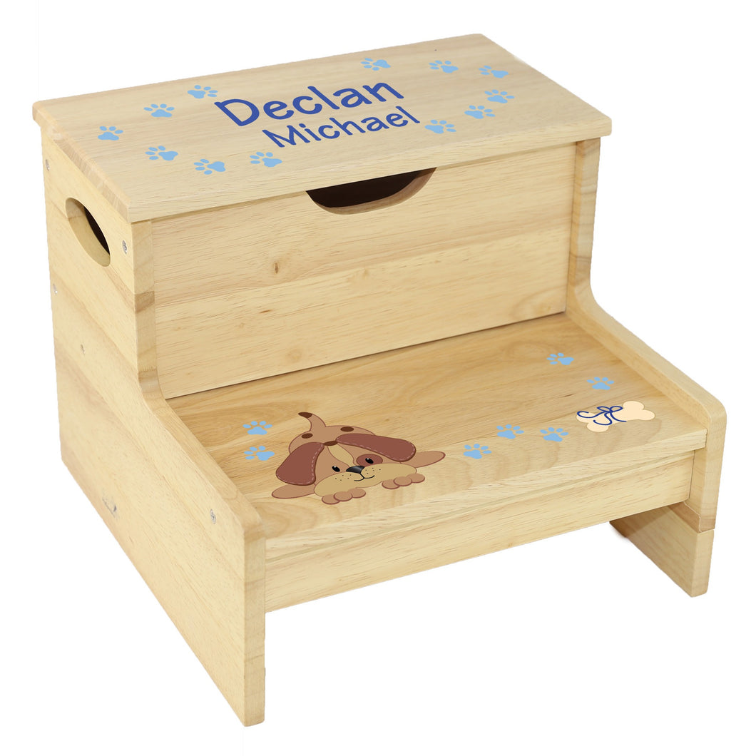 Wood Storage Stool - Blue Puppy