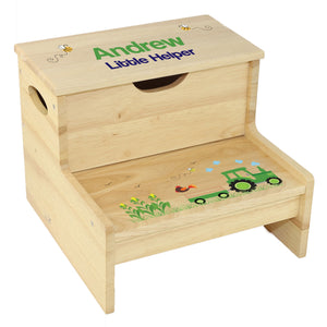Natural Wood Storage Stool - Green Tractor