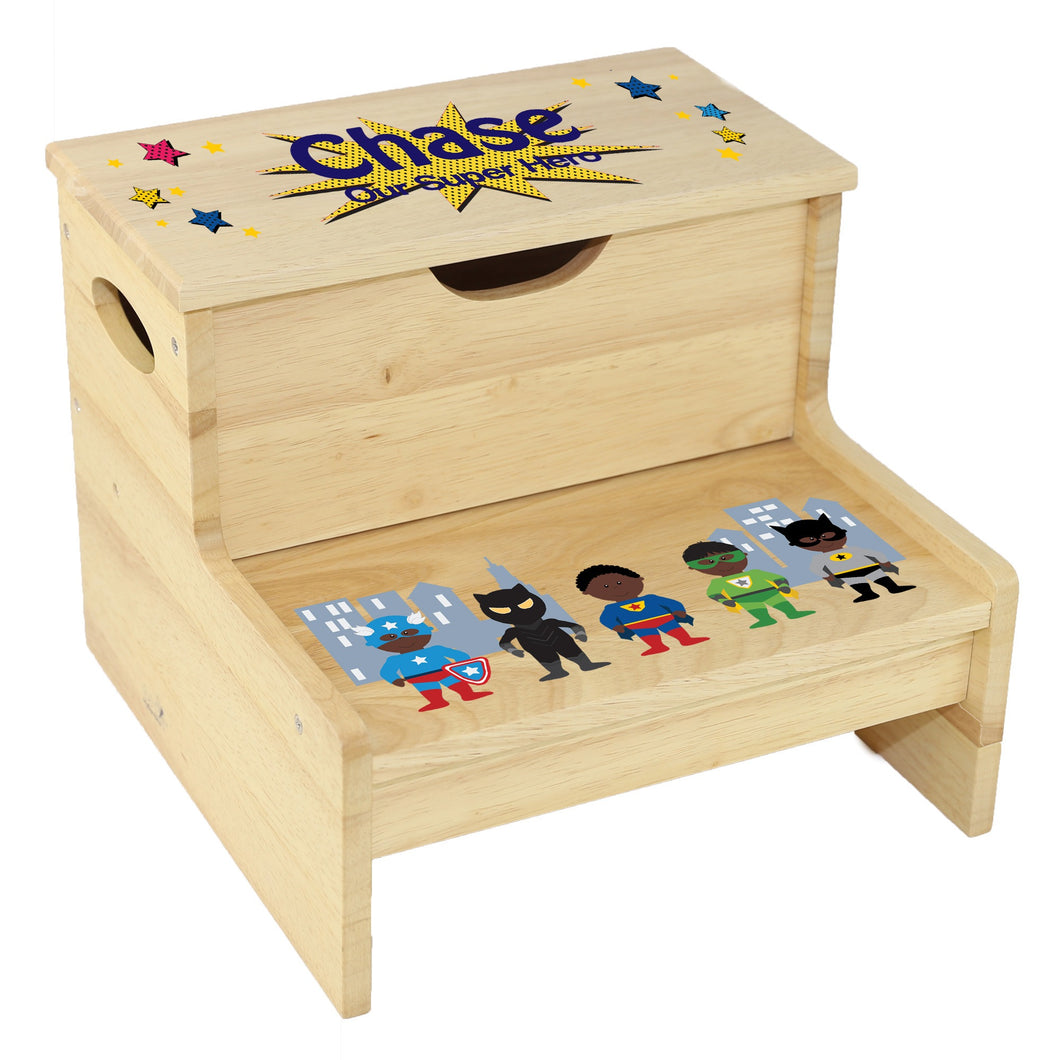Wood Natural Storage Stool - African American Superhero
