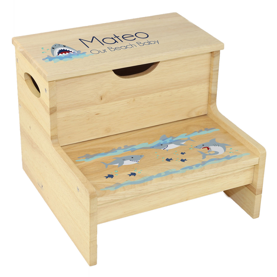 Personalized Natural Wood Storage Stool - Sharks