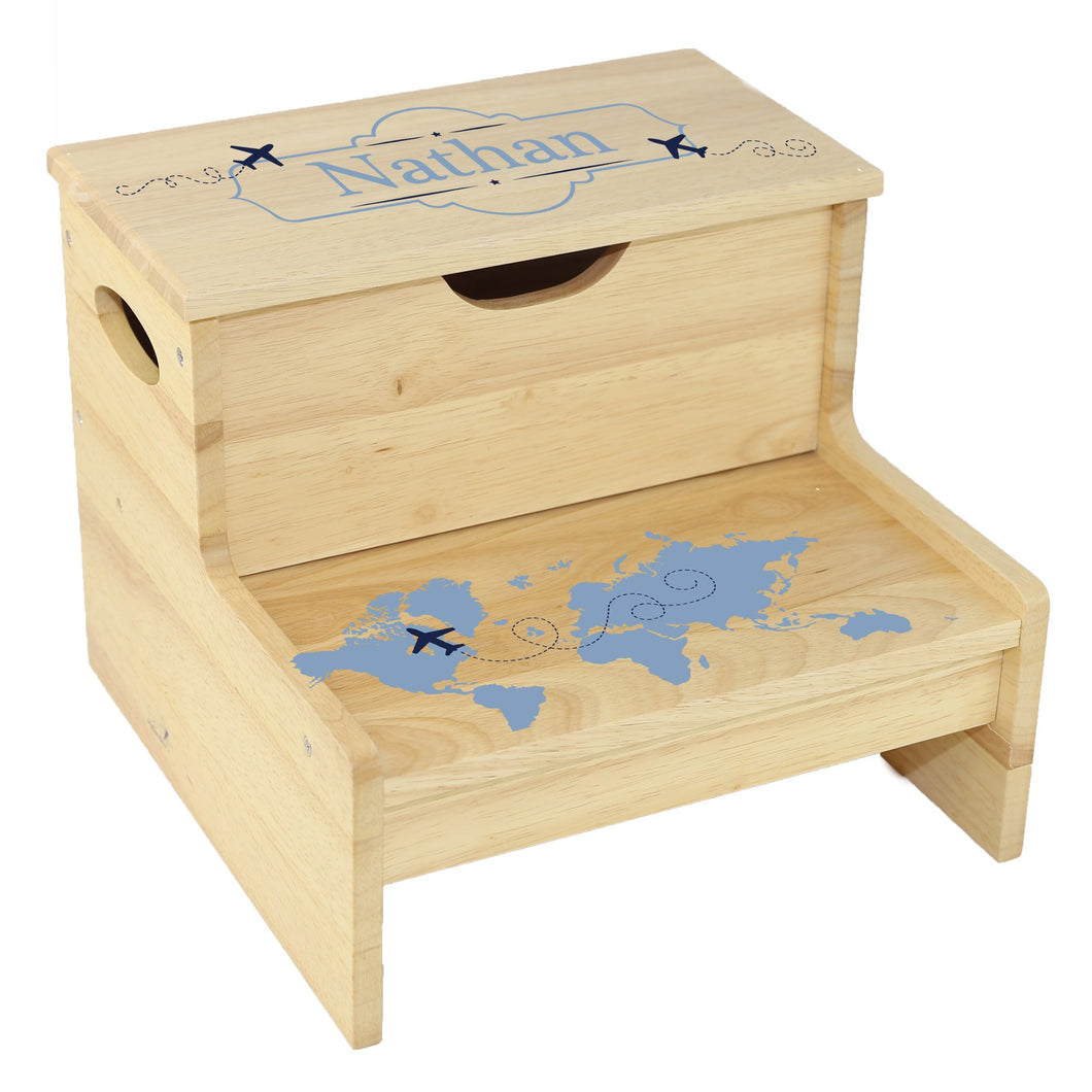 Wood Storage Stool - World Map Blue