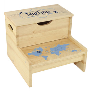 Wood Storage Stool - World Map Blue