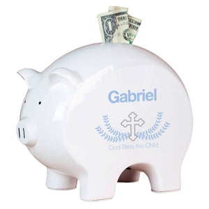 Personalized Piggy Bank - Lt Blue Cross