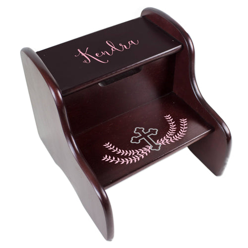 Personalized Espresso Two Step Stool - Pink Cross