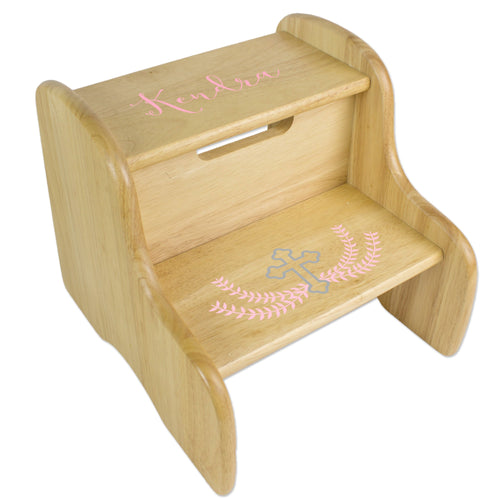 Pink Cross Natural Wood Two Step Stool