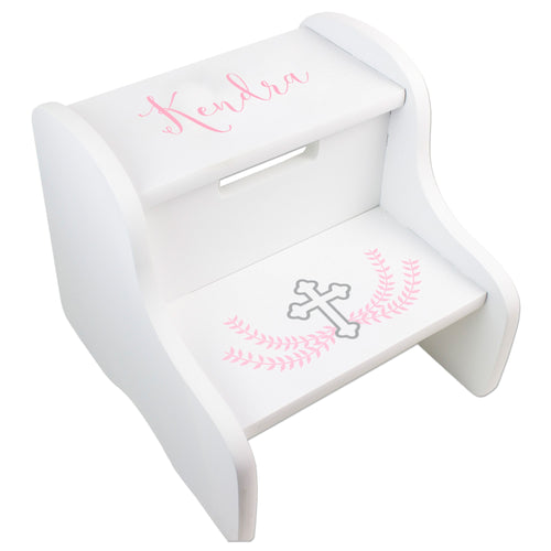 Personalized White Two Step Stool - Pink Cross