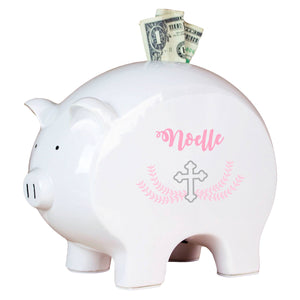 Personalized White Piggy Bank - Pink Cross