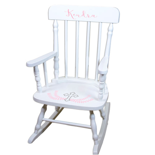 White Spindle Rocking Chair - Pink Cross