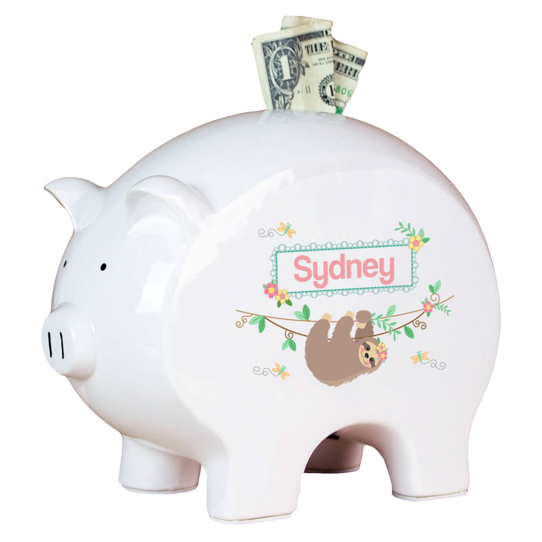 Personalized White Piggy Bank - Floral Sloth