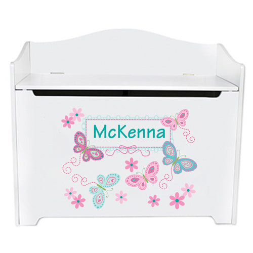 White Toy Box Bench - Butterflies Aqua Pink