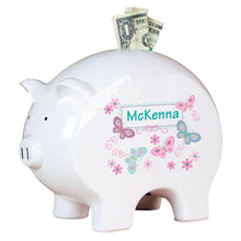 Personalized Piggy Bank - Aqua and Pink Butterflies