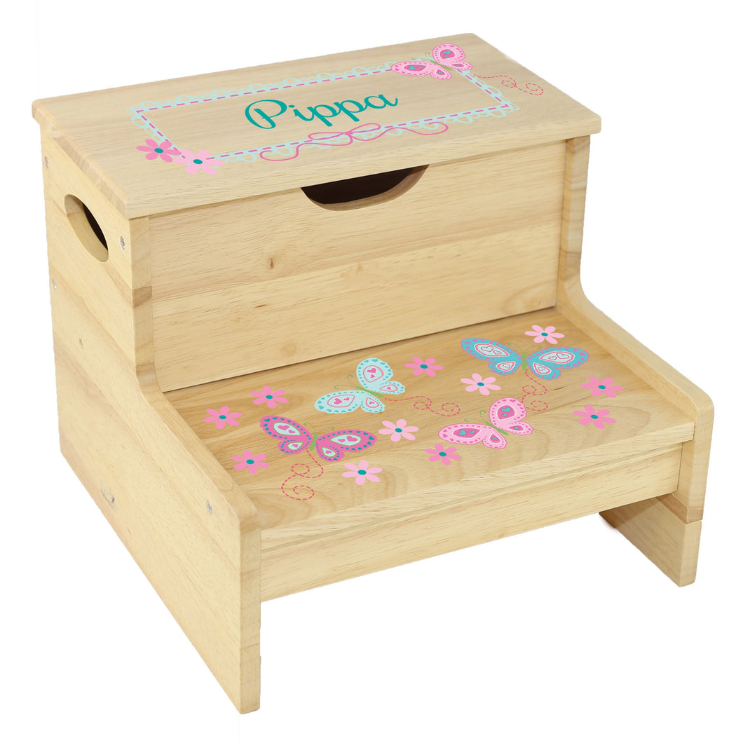 Wood Storage Stool - Aqua Pink Butterflies
