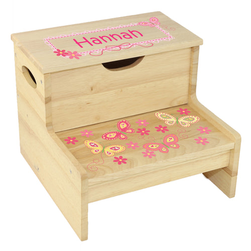Wood Storage Stool - Yellow Pink Butterflies