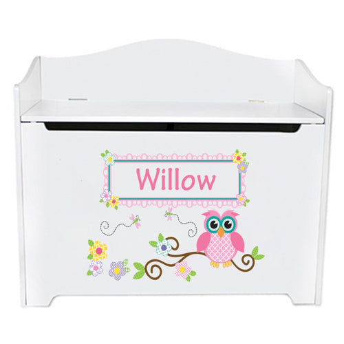 White Toy Box Bench - Pink Owl
