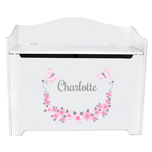 White Toy Box Bench - Pink Gray Butterflies