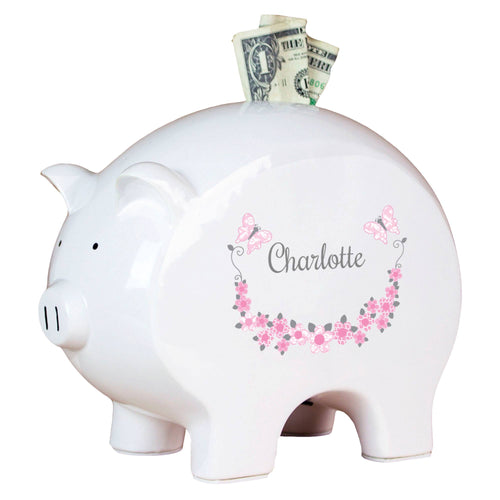 Personalized Piggy Bank - Pink Gray Butterfly Garland