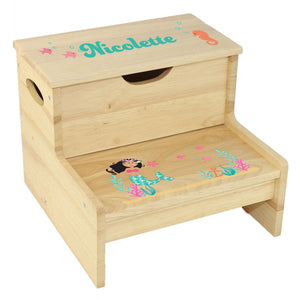 Wood Storage Stool - Dark Hair Skin Mermaid