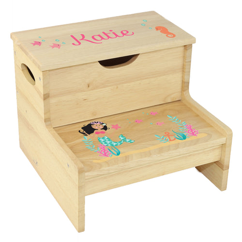 Wood Storage Stool - Dark Hair Skin Mermaid