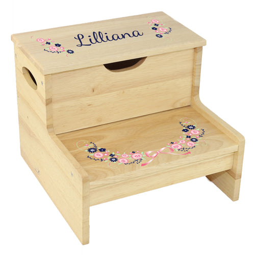 Wood Storage Stool - Navy Pink Floral Garland