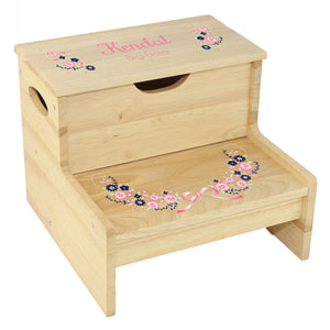 Wood Storage Stool - Navy Pink Floral Garland