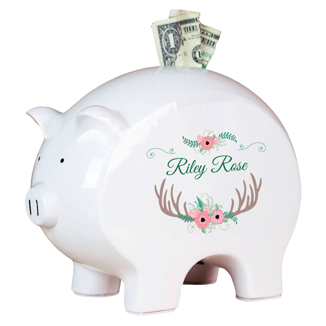 Personalized Piggy Bank - Floral Antler