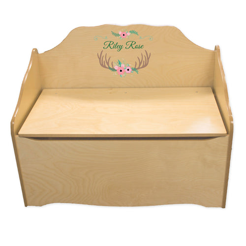 Personalized Floral Antler Natural Toy Chest