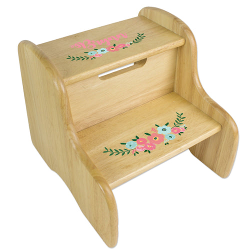 Personalized Natural Two Step Stool - Teal Spring Floral