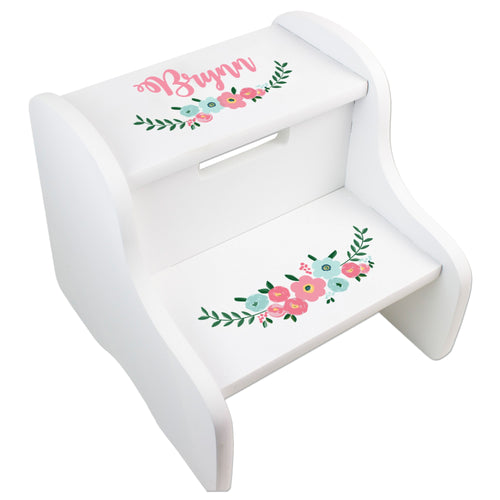 Personalized White Two Step Stool - Teal Spring Floral